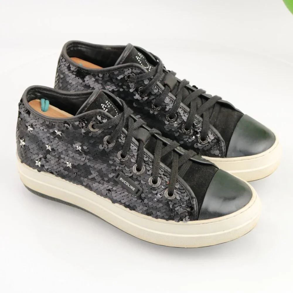 RUCOLINE Womens Sneaker Size 36 6 Black Leather Sequins Star Studs Platform Shoe